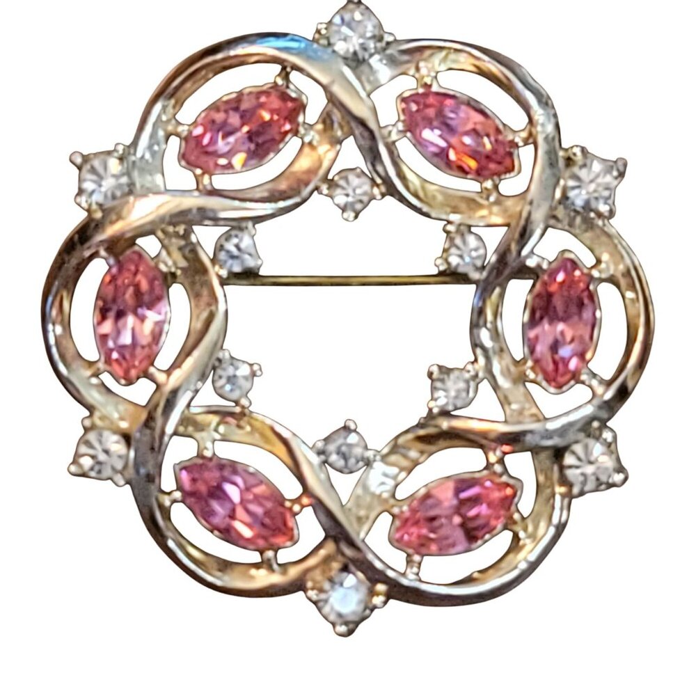 Vintage Gold-Tone Wreath Brooch With Pink & Clear Rhinestones - Picture 1 of 10